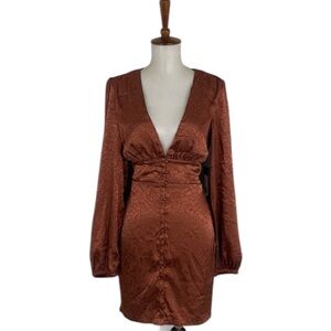 Bebe Satin Mini Dress Women’s M Copper Jacquard V-Neck‎ Long Sleeve Sheath Sexy